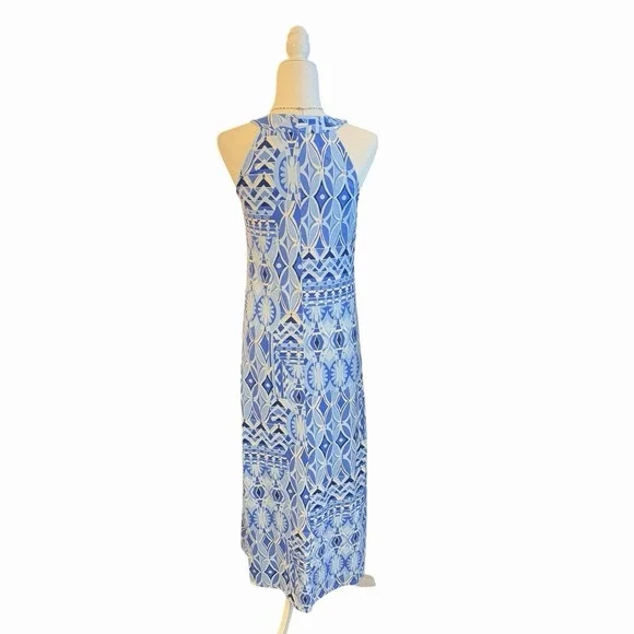 J. McLaughlin Edie Catalina Cloth Blue Biscayne Dress XS Halter Geometric Midi - Picture 4 of 7